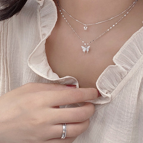 Fashion Women 925 Sterling Silver Flash Diamond Butterfly Double-Layer Necklaces for Girl Wedding