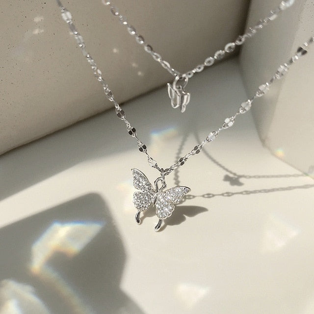 Fashion Women 925 Sterling Silver Flash Diamond Butterfly Double-Layer Necklaces for Girl Wedding