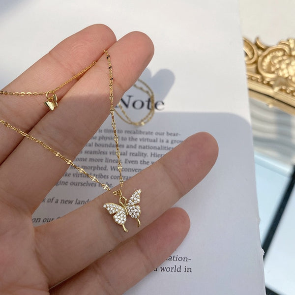 Fashion Women 925 Sterling Silver Flash Diamond Butterfly Double-Layer Necklaces for Girl Wedding